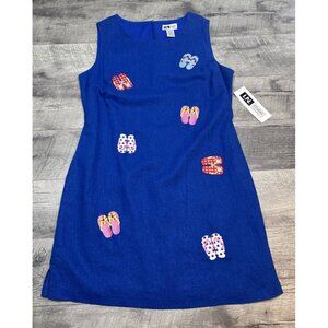 IN Studio Linen Dress Womens 12 P Blue Embroidered Shift Flip Flops Beach NEW